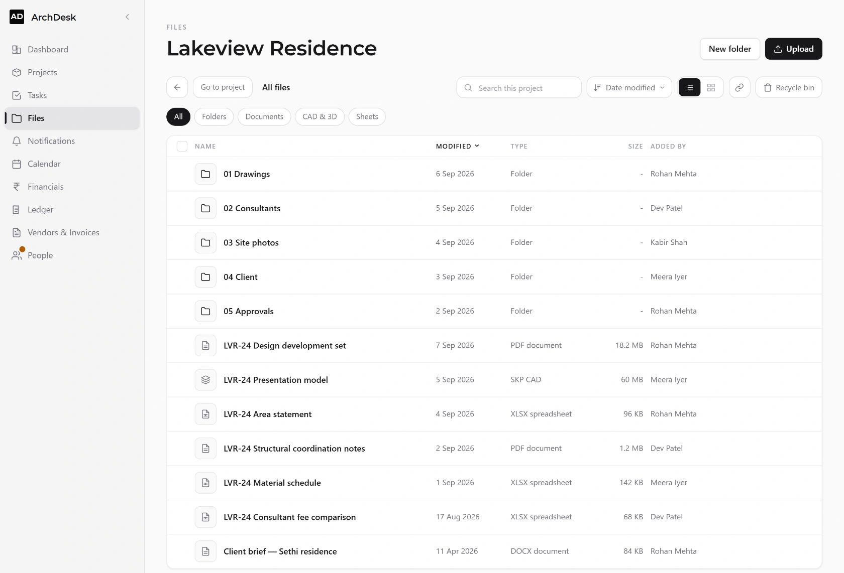 The ArchDesk file manager inside a project, listing drawing folders and files with their type, size and who added them.