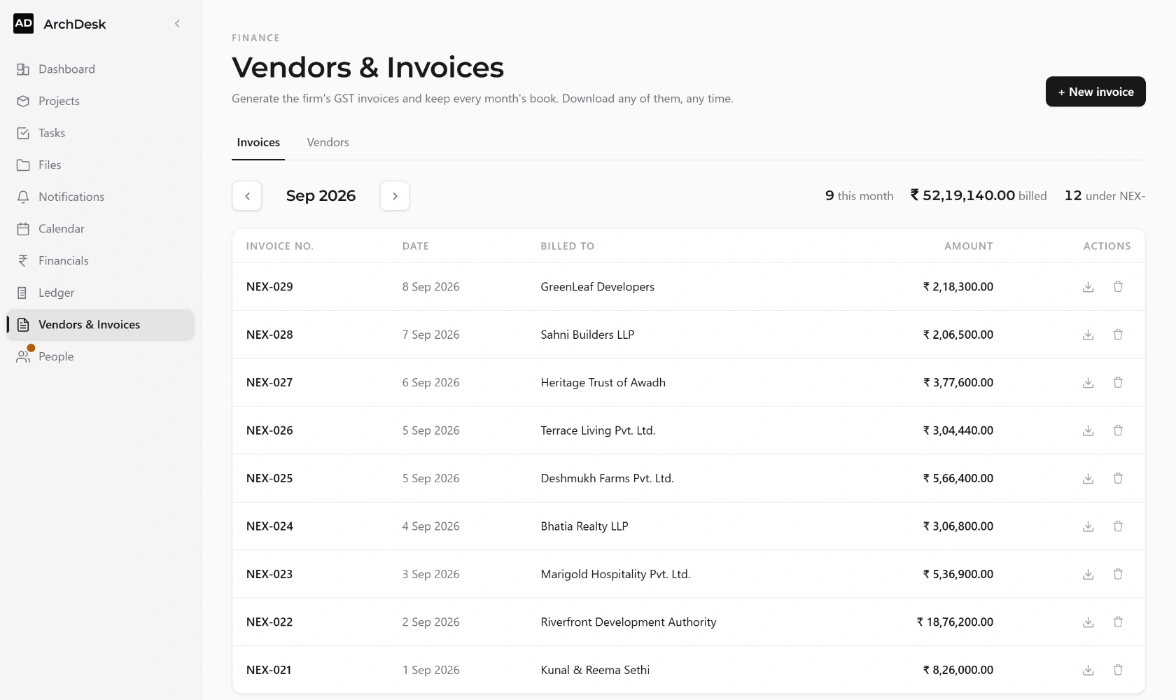The ArchDesk invoice register for a month, listing GST invoices by number, date, client and amount.