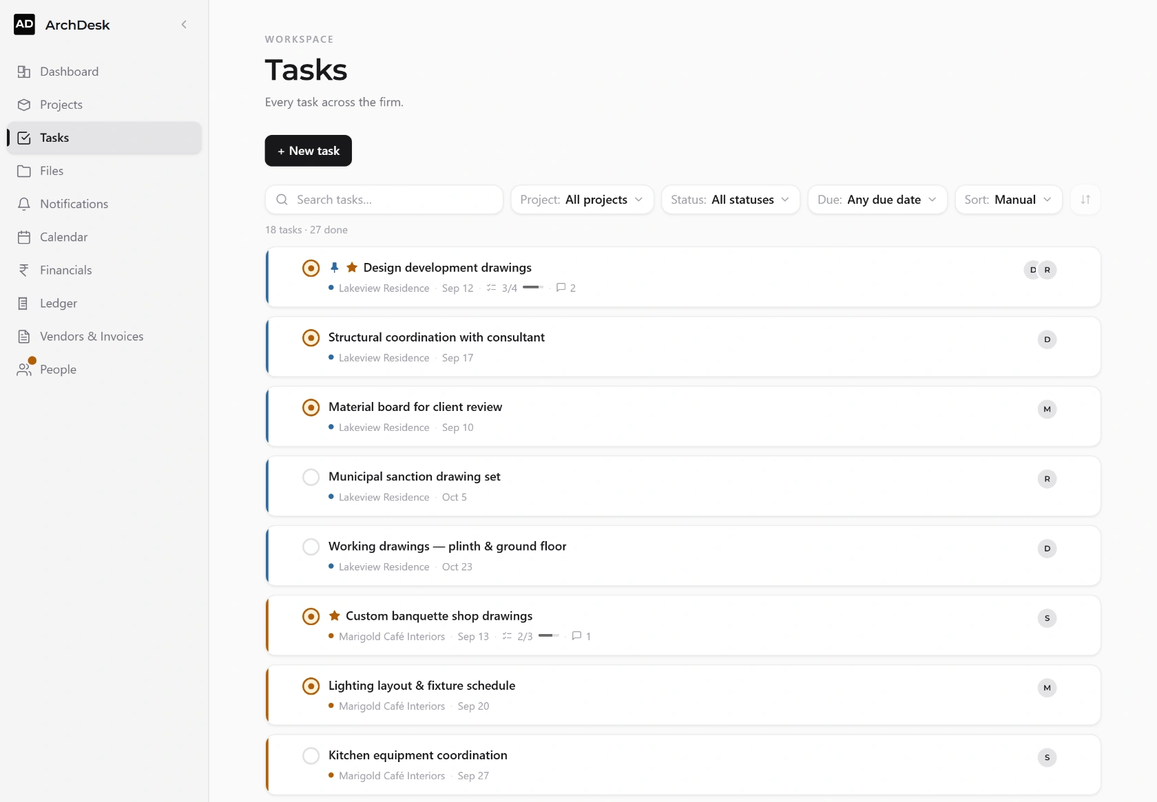 The ArchDesk task list, showing every task across the firm with its project, due date, checklist progress and who it is assigned to.