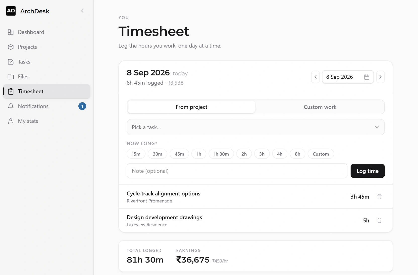 An ArchDesk timesheet: hours logged against a task for the day, with the total and the earnings calculated from an hourly rate.
